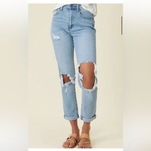 Vibrant MIU High Rise Distressed Light Wash All to Me Mom Denim Jeans
